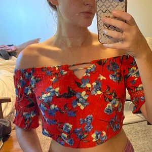 French brand red floral top with cut outs